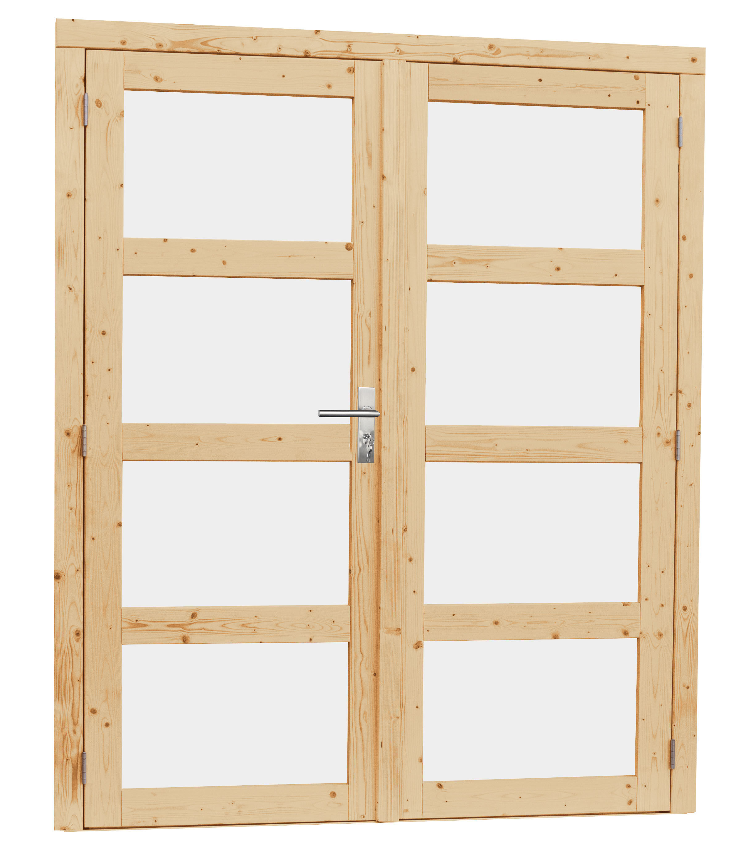 Vuren dubbele 4-ruits glasdeur inclusief kozijn. 168x201cm, onbehandeld (1023899)