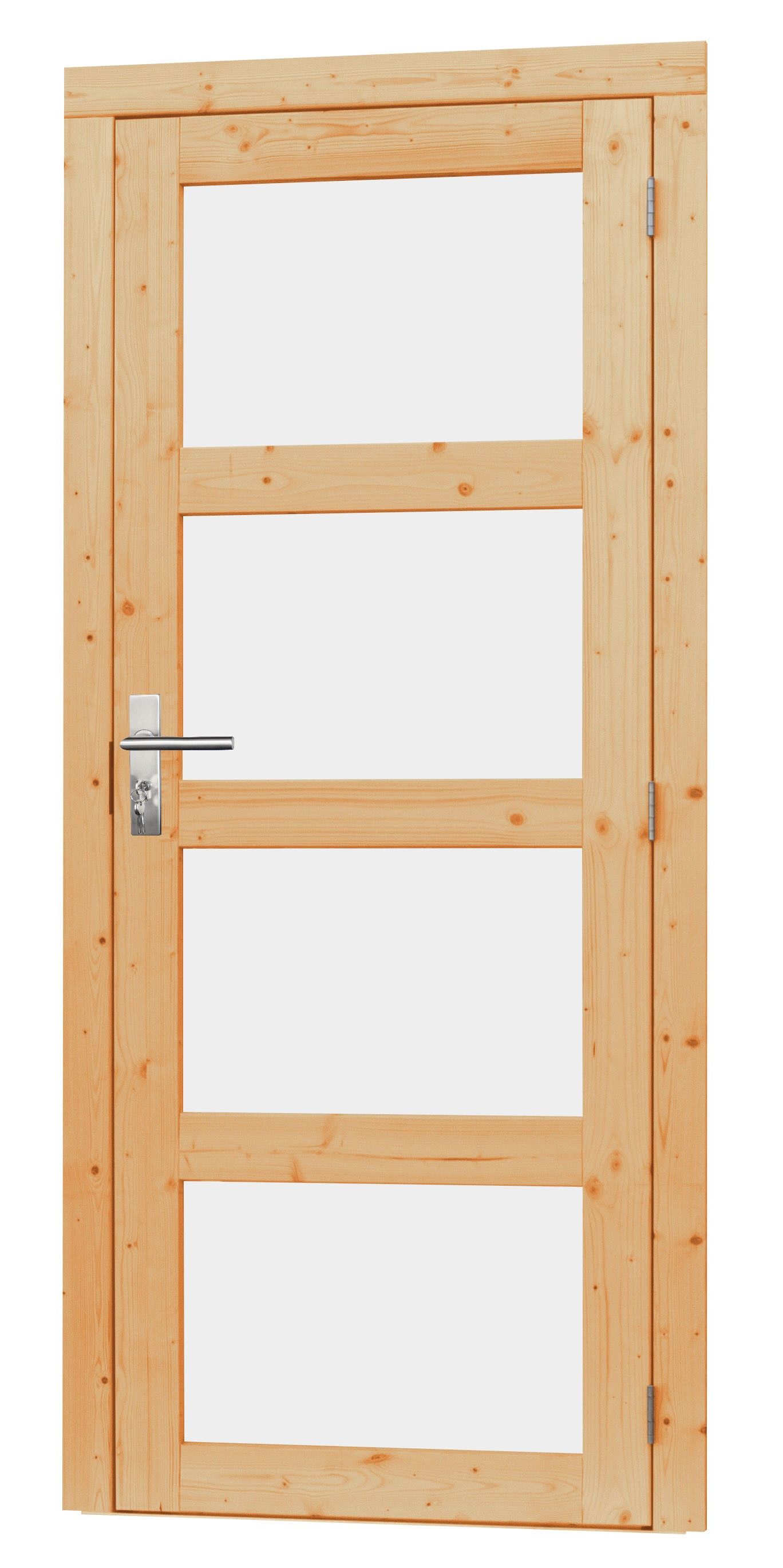 Vuren enkele 4-ruits glasdeur inclusief kozijn, rechtsdraaiend. 90x201cm, onbehandeld (1023902)