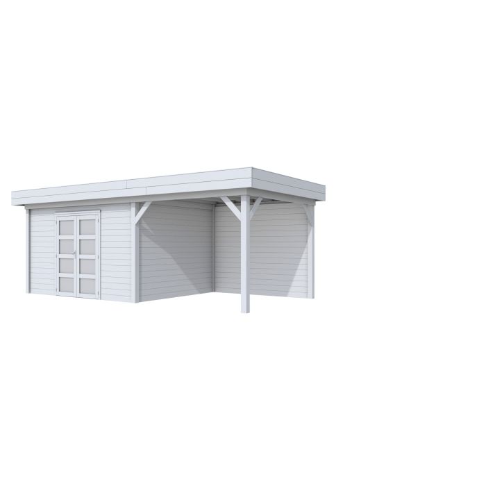 Hillhout vuren Topvision tuinhuis Parelhoen 400x300cm met luifel 300cm, met dubbele deur, lichtgrijs gespoten (1001680-05)