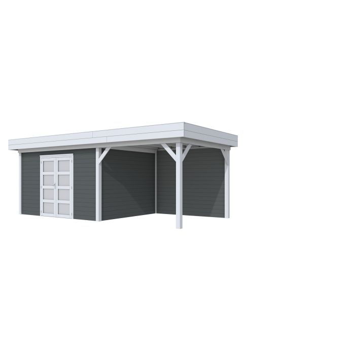 Hillhout vuren Topvision tuinhuis Parelhoen 400x300cm met luifel 300cm, met dubbele deur, wanden lichtgrijs, basis antraciet (1001680-25)