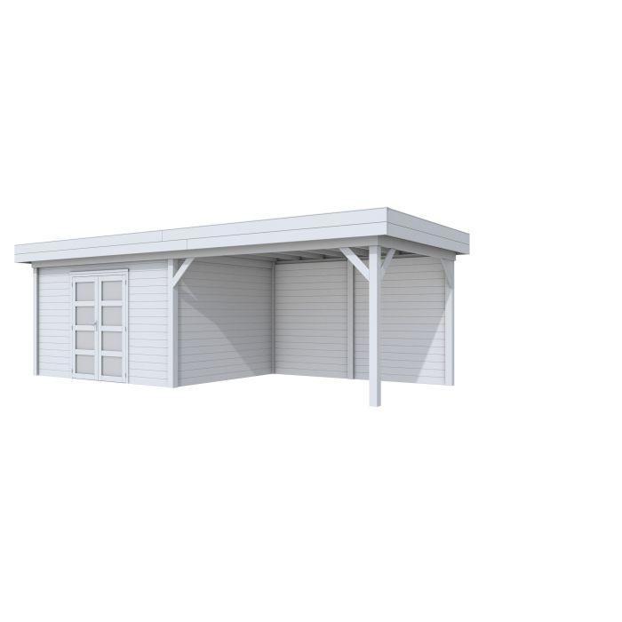 Hillhout vuren Topvision tuinhuis Parelhoen 400x300cm met luifel 400cm, met dubbele deur, lichtgrijs gespoten (1001683-05)