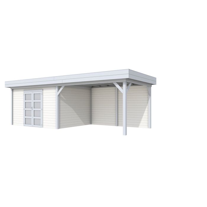 Hillhout vuren Topvision tuinhuis Parelhoen 400x300cm met luifel 400cm, met dubbele deur, wanden lichtgrijs, basis wit (1001683-20)