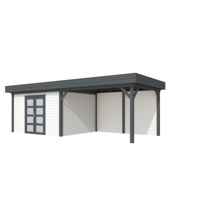 Hillhout vuren Topvision tuinhuis Parelhoen 400x300cm met luifel 400cm, met dubbele deur, wanden antraciet, basis wit (1001683-21)