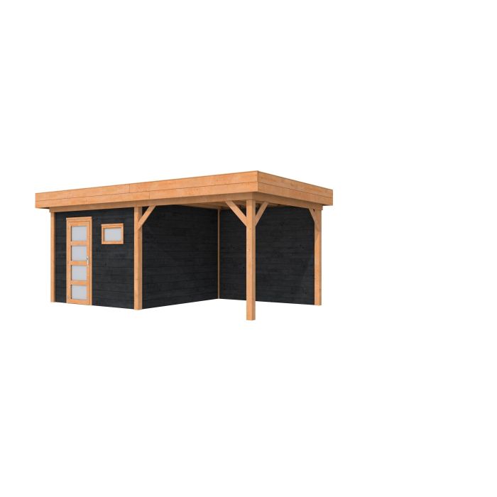 Hillhout douglas Topvision tuinhuis Raaf 298x298cm, luifel 300cm, met enkele deur en raam, wanden zwart geïmpregneerd, basis onbehandeld (1004368-26)