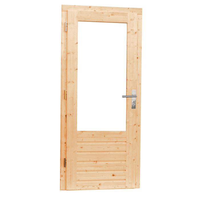 Vuren enkele 1-ruits opdekdeur met 5-puntssluiting en dubbelglas, linksdraaiend. 90x201cm, onbehandeld (1019045)