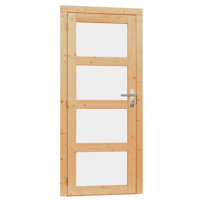 Vuren enkele 4-ruits glasdeur inclusief kozijn, linksdraaiend. 90x201cm, onbehandeld (1023901)