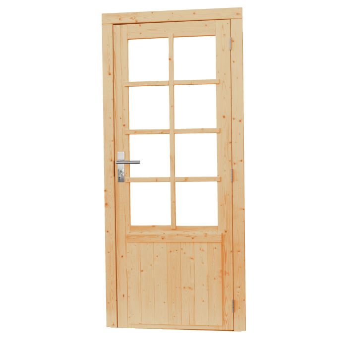 Vuren enkele 8-ruits deur inclusief kozijn, rechtsdraaiend. 91x201cm, onbehandeld (1024046)