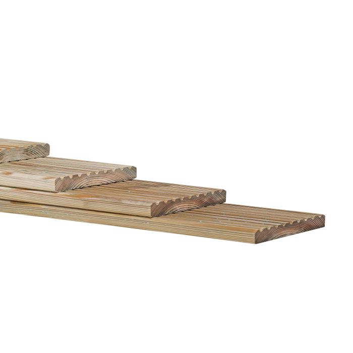 Grenen geprofileerd dekdeel, 1 zijde grof profiel, 1 zijde glad, 2,8x14,5x500cm, groen geïmpregneerd (W06518)