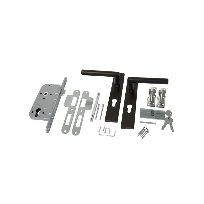 RVS luxe deurbeslagset zwart gecoat. SKG keurmerk met slotkast, cilinder en slot. Incl. duimen (W25855)