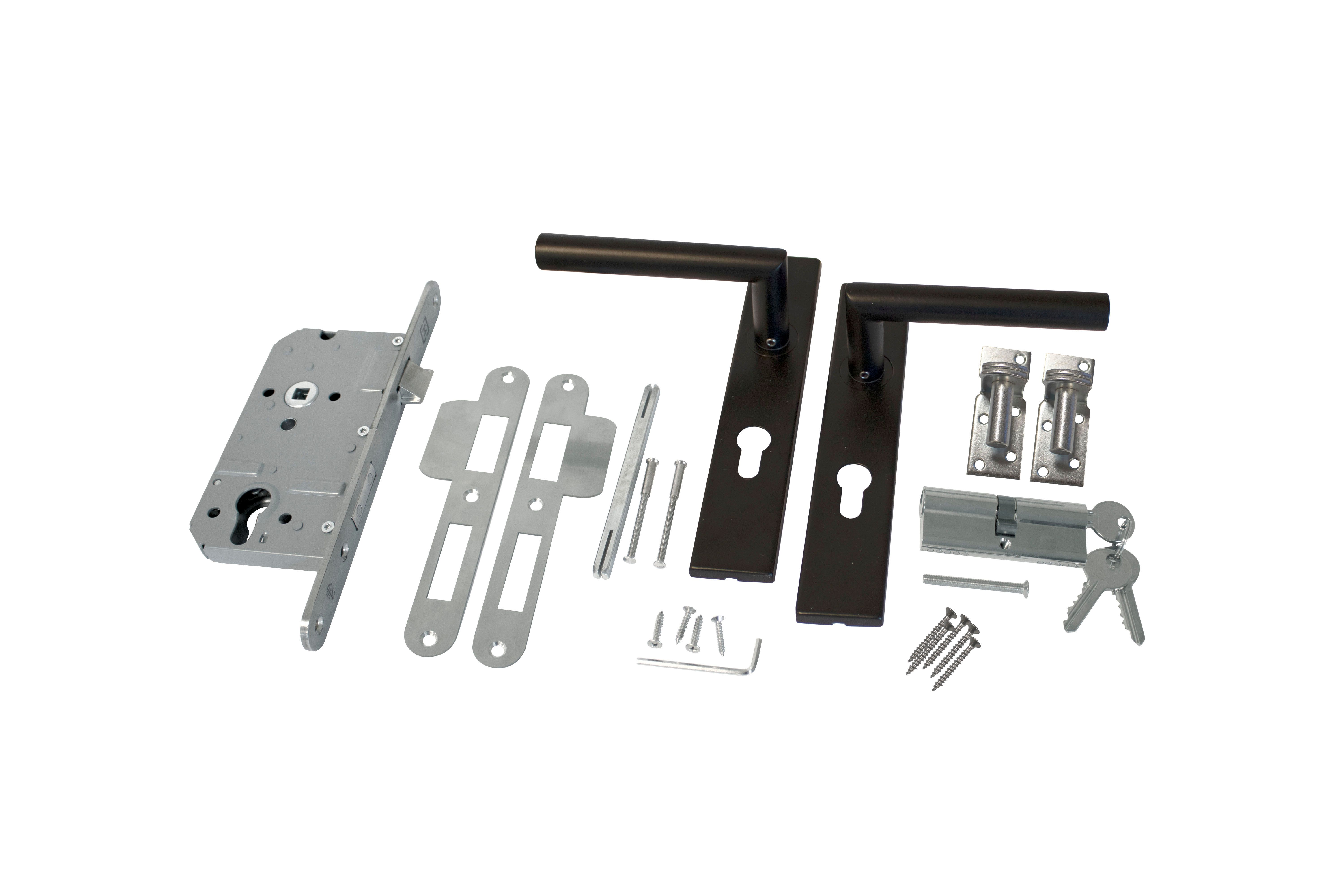 RVS luxe deurbeslagset zwart gecoat. SKG keurmerk met slotkast, cilinder en slot. Incl. duimen (W25855)